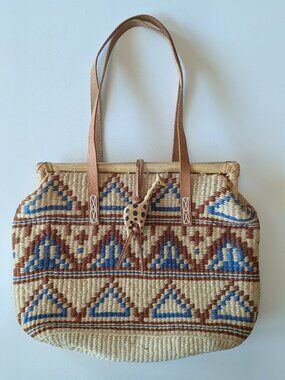 Woven Aztec-Pattern Tote Bag in Natural, Brown & Blue